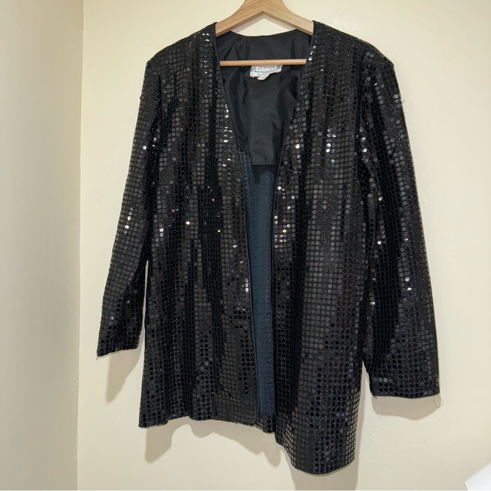 Women’s Vintage Black 80’s Sequins NYE Party Open Face Blazer Cardigan Size: 14